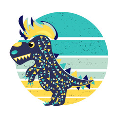 Cute multicolored dinosaur with geometric pattern and with colorful mohawk on bright retro circle with faded paper effect. One from the collection for kids. Vector illustration