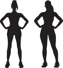 A silhouette of a young gym woman. Slim fitness women standing 