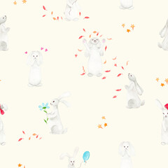 Watercolor drawing of cheerful hares. Seamless pattern.