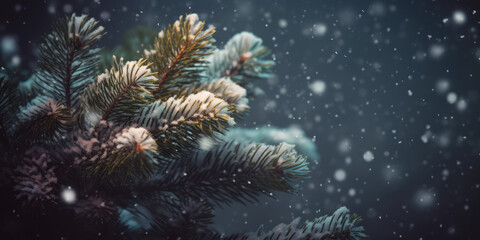 Fototapeta na wymiar Christmas tree in snow at night. Fir Tree Branches in frost and snow. Beautiful Background for Christmas, Winter, XMas or New Year Greeting card, banner, postcard, invitation