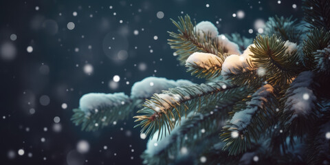 Christmas tree in snow. Pine Tree Branches in frost and snow at night. Beautiful Background for Christmas, Winter, XMas or New Year Greeting card, banner, postcard, invitation
