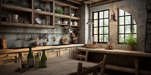 AI Generated. AI Generative. Kitchen room in minimal cozy Japanese style. Architecture indoor design background. Graphic Art