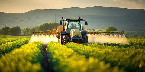 Tractor spraying pesticides in soybean field during springtime - obrazy, fototapety, plakaty