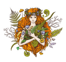 Young green witch gathered herbs. Halloween witch illustration. Forest Fairy. Hand drawn vector illustration.