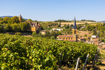 Fototapeta na wymiar Village de Jarnioux avec son château et son église depuis les vignobles du Beaujolais