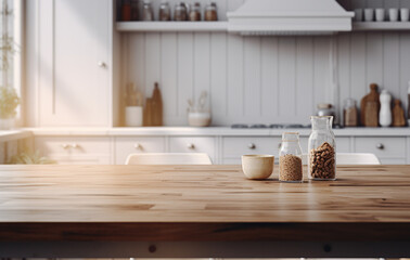 Fototapeta na wymiar Modern simple kitchen, with white wooden table. Narrrow depth of field