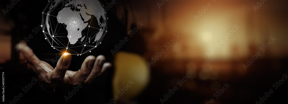 Poster engineer hand holding telecommunication network connected over the wrld concept about internet and g
