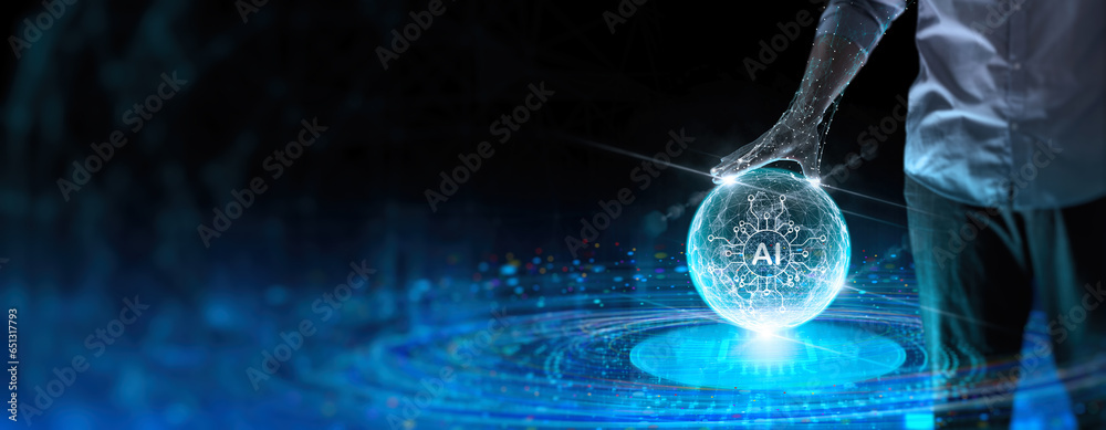 Fototapete businessman touching Ai circle global network connection and data exchanges,big data, digital transformation, cloud computing, IoT, cryptocurrency, blockchain. Metaverse digital world planet