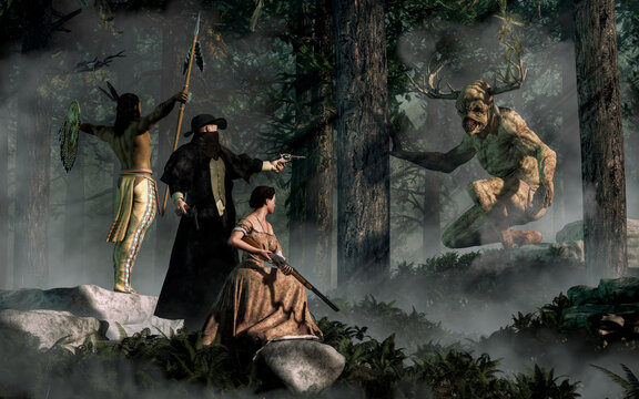 In this weird west action scene, a gunslinger in black, a native american, and a western widow with a rifle face the Wendigo in a dense forest. 3D rendering.

