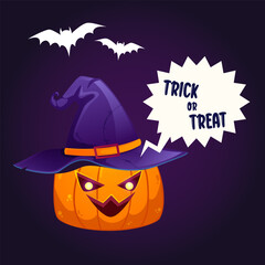 Halloween banner with pumpkin wear witch hat. Trick or treat. Square shape. Colorful vector illustration in cartoon style isolated on dark background.