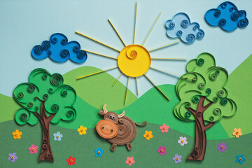 Funny cow quilling character in field, with trees and flowers in summer day with clouds and sun....