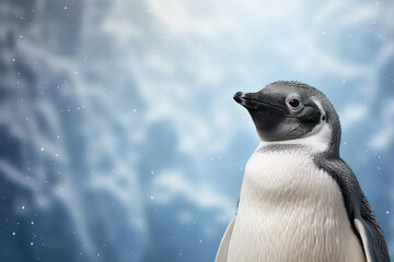 penguin over a white and blue background with snow falling. copy space