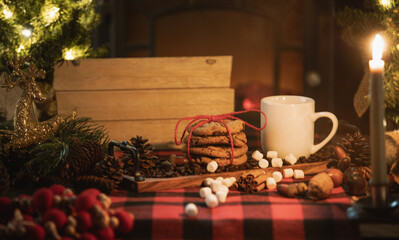 Christmas-themed Table Scene with Cookies and Space for Text. 