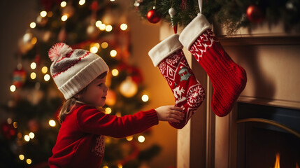 A baby girl child touching a christmas sock hanging on the mantle, christmas tree, fireplace,...