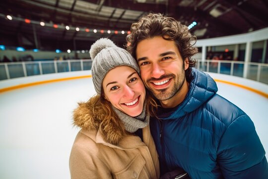 Selfie of young Caucasian couple enjoying date at ice skating center