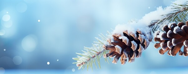 Christmas snowy winter holiday celebration greeting card - Closeup of oine branch with pine cones and snow, defocused blurred background with blue sky and bokeh lights and snowflakes | Generative AI - Powered by Adobe