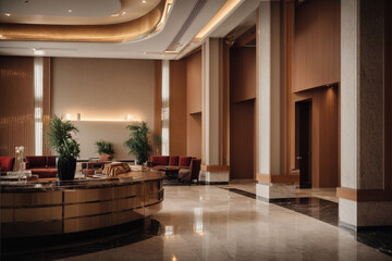 Step into a world of luxury and sophistication with this lavish lobby, adorned with plush velvet furnishings, intricate gold detailing