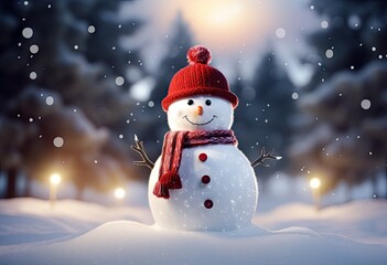Fototapeta premium a snowman wearing a santa hat out in the snow Generative AI