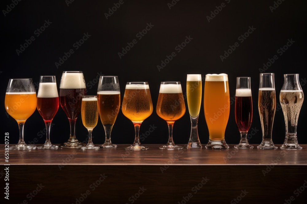 Poster A row of glasses filled with different types of beer. Perfect for showcasing the different varieties of beer available.