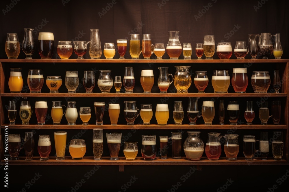 Poster A variety of different types of beer displayed on a shelf. Suitable for use in advertisements, bar menus, or brewery promotions.