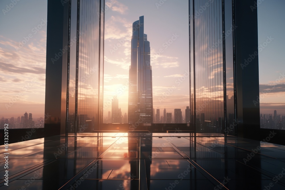 Poster a scenic view of a city skyline captured from a high rise building. this image can be used to showca