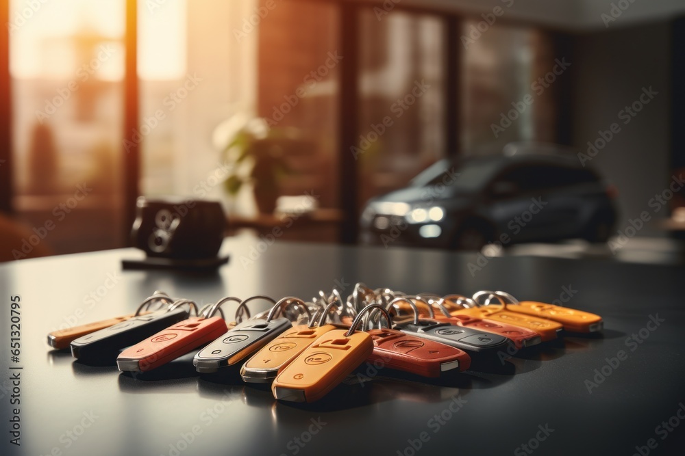 Aufkleber A row of keys sitting on top of a table. Suitable for concepts related to security, home, and organization.