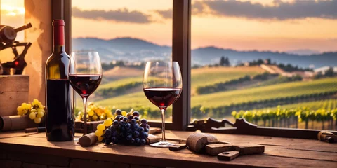 Fotobehang Red wine tasting in the wine cellar, wineglass and bottles next to the window and panoramic view of vineyards at sunset  © adynue