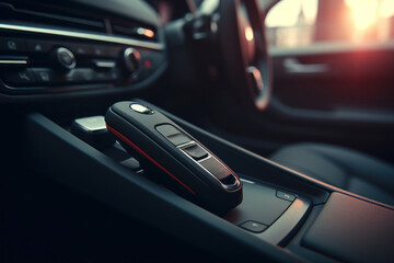 A detailed close-up image of a remote control used for a car. This picture can be used to illustrate car technology or to showcase the convenience of remote car control.