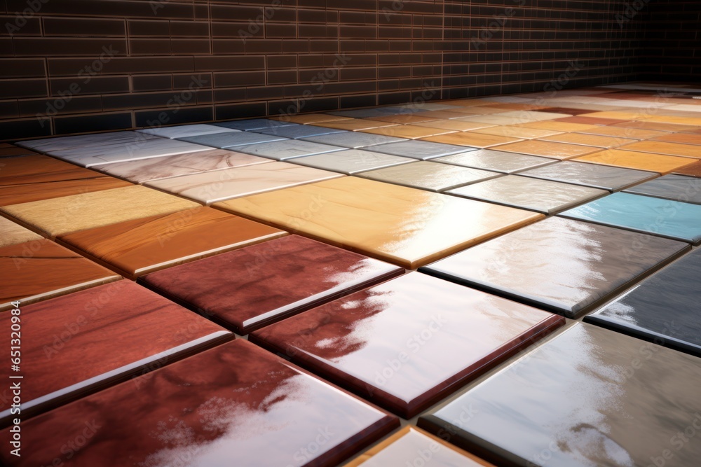 Poster A picture of a tile floor with various colored tiles. This image can be used to showcase different flooring options or as a background for design projects.