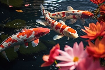 Obraz na płótnie Canvas A group of koi fish swimming peacefully in a pond. Ideal for nature-themed designs and water-related projects.