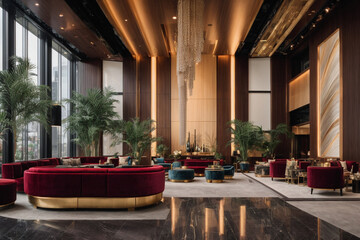 Step into a world of luxury and sophistication with this lavish lobby, adorned with plush velvet furnishings, intricate gold detailing