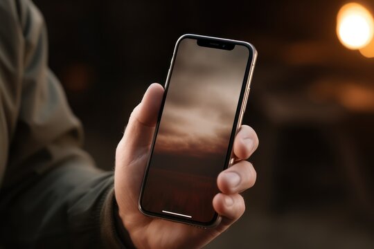A person holding a cell phone in their hand. This image can be used to depict technology, communication, or social media.