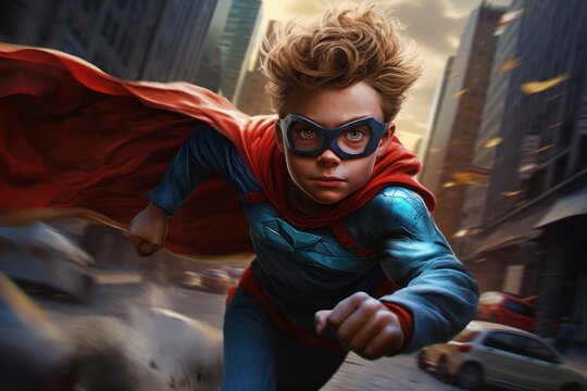 A young boy dressed as a superhero is captured in mid-air, soaring through the sky. This image can be used to depict courage, determination, and the power of imagination.