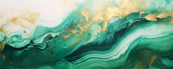 Abstract marble marbled ink painted painting texture luxury background banner - Green waves swirls gold painted splashes   Generative AI