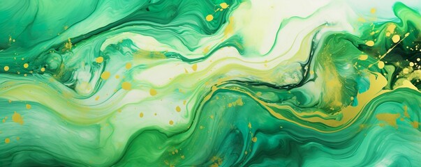 Abstract marble marbled ink painted painting texture luxury background banner - Green waves swirls gold painted splashes | Generative AI