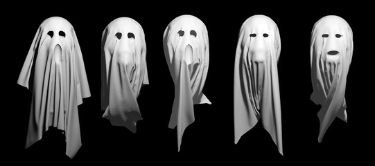 Set of black and white spooky scary Halloween ghosts. 3D render illustration.