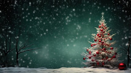  a christmas tree with red balls on it in the snow.  generative ai