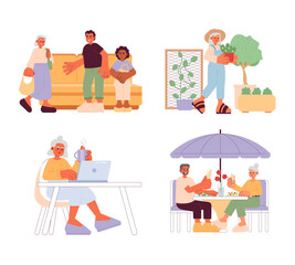 Senior lifestyle cartoon flat illustration set. Retiree adults 2D characters isolated on white background. Public transport etiquette. Elderly activities, hobbies scene vector color image collection