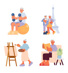 Retirement hobbies cartoon flat illustration set. Active lifestyle retiree pensioners 2D characters isolated on white background. Senior leisure activities scene vector color image collection