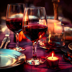 Naklejka premium Romantic Table Setting with Red Wine & Candlelight - Perfect for Valentine's Day Dinners, Anniversaries, and Intimate Celebrations