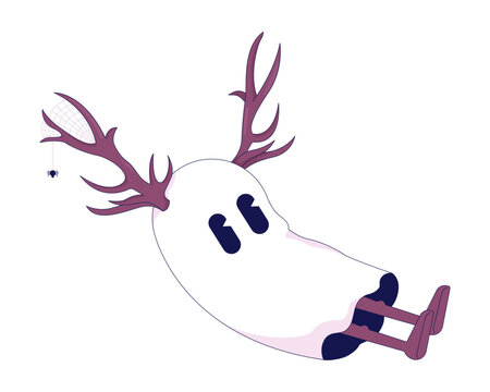 Cute ghost wearing deer antlers 2D linear cartoon character. Halloween friendly spirit with spider web isolated line vector personage white background. Kawaii ghost float color flat spot illustration