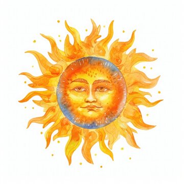 Celestial sun watercolor illustration on a white background.