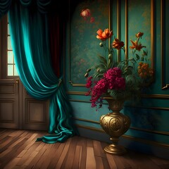 a room with a handpainted wall flowers pretty colours realistic timber floor vase of flowers on the side billowing curtains guilding high octane high resolution 