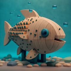 wooden lego toy design inspired by fish with 20 large wood pieces when put together it becomes a fish that goes into the aquarium a kid playing in futuristic kindergarden minimalistic design 