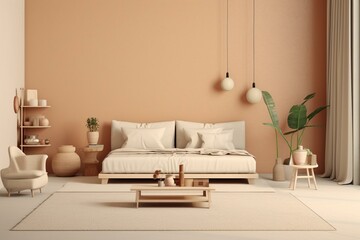 A serene room with furniture and room accents in a soft beige tone. Suitable for studio presentations or websites. Ideal lifestyle. Generative AI