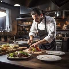 Fototapeta na wymiar Chef Standing in a Restaurant Kitchen, Preparing Food on a Plate