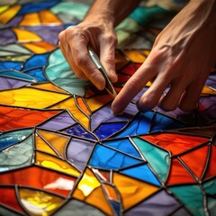 A close-up of hands arranging colorful pieces of stained glass. - obrazy, fototapety, plakaty