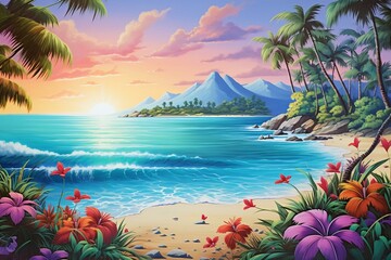 Fototapeta na wymiar Colorful backdrop showcasing a hand-painted scene of a paradise beach. Generative AI