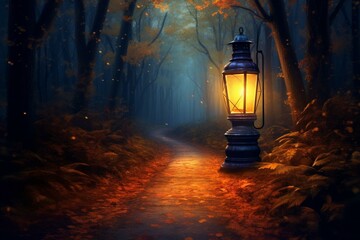 Bright lantern on forest path at dusk. Generative AI