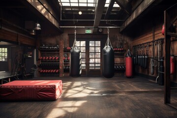 Indoor workout area with imitation punching bag. Generative AI